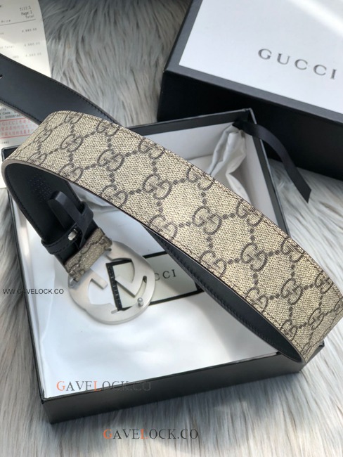 Gucci Black Leather Belt PVC Brown Monogram Steel Buckle